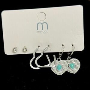 Silver Earring Set 4 Pairs Studs Hoops Heart Turquoise Statement Earrings NWT